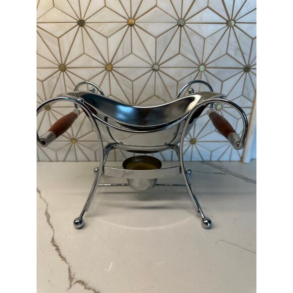 MCM‎ Chrome Gravy Boat with Teak Handles & Warmer - Picture 1 of 8